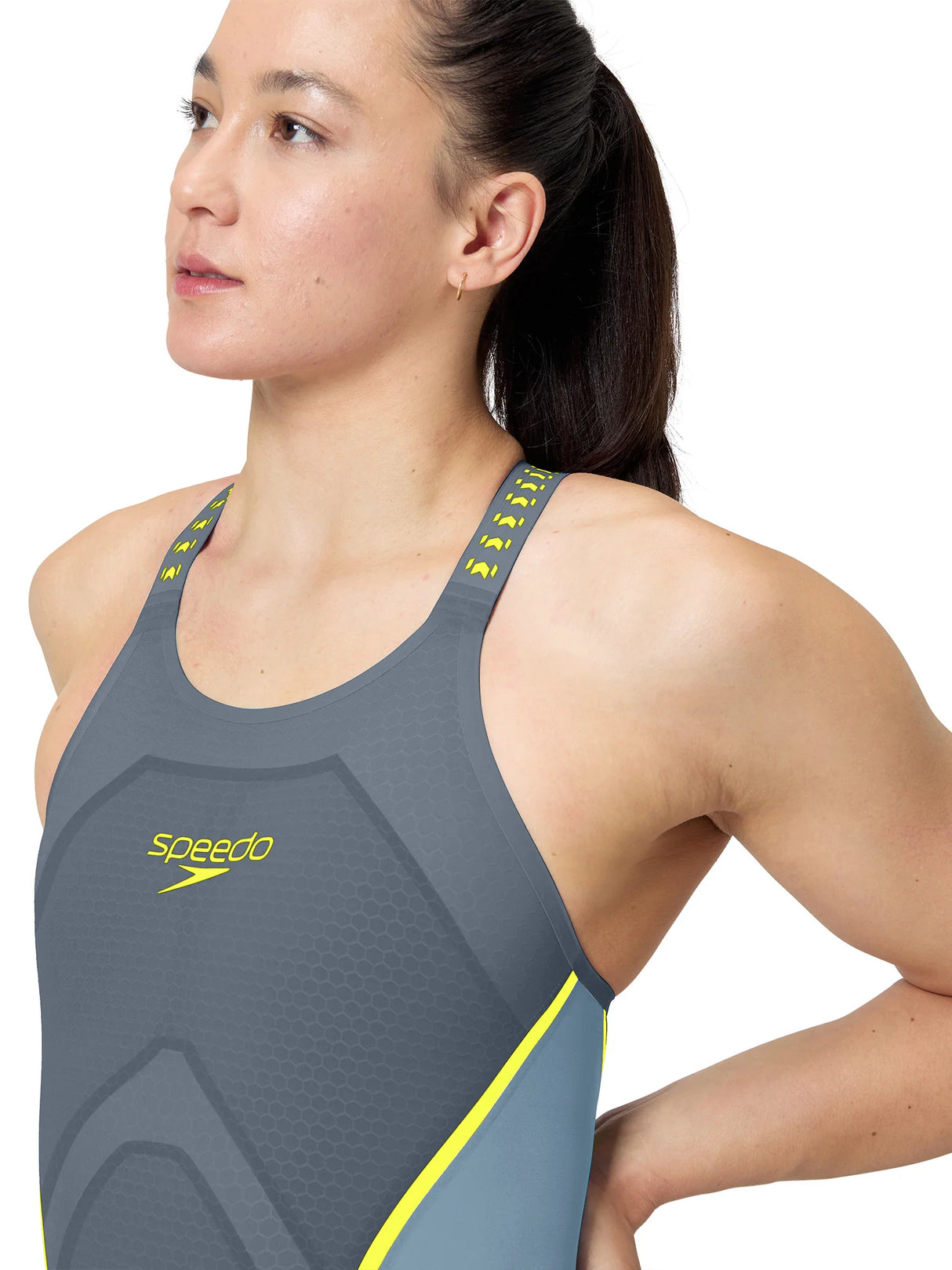 Speedo Women's Fastskin LZR Pure Intent 2.0 Openback Racing Kneeskin - Grey Lead/Acadia Blue/Hyper Yellow