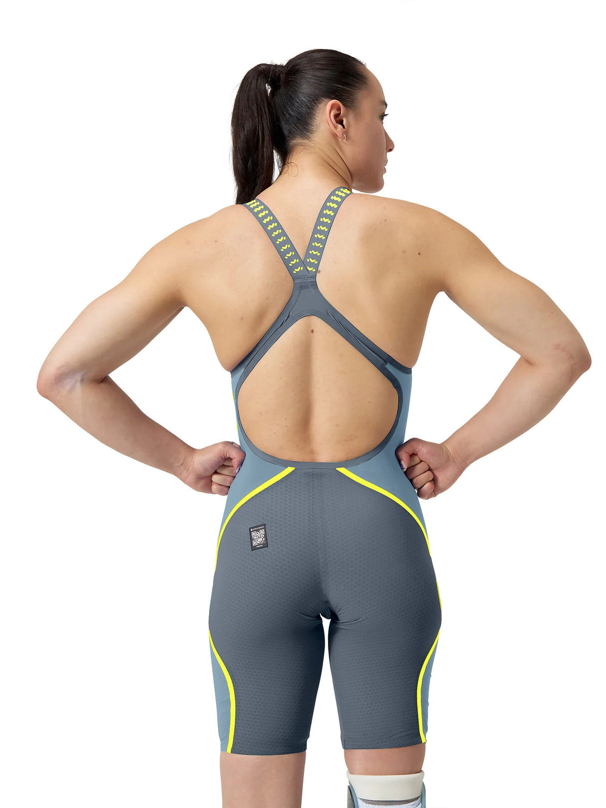 Speedo Women's Fastskin LZR Pure Intent 2.0 Openback Racing Kneeskin - Grey Lead/Acadia Blue/Hyper Yellow