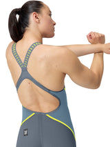 Speedo Women's Fastskin LZR Pure Intent 2.0 Openback Racing Kneeskin - Grey Lead/Acadia Blue/Hyper Yellow