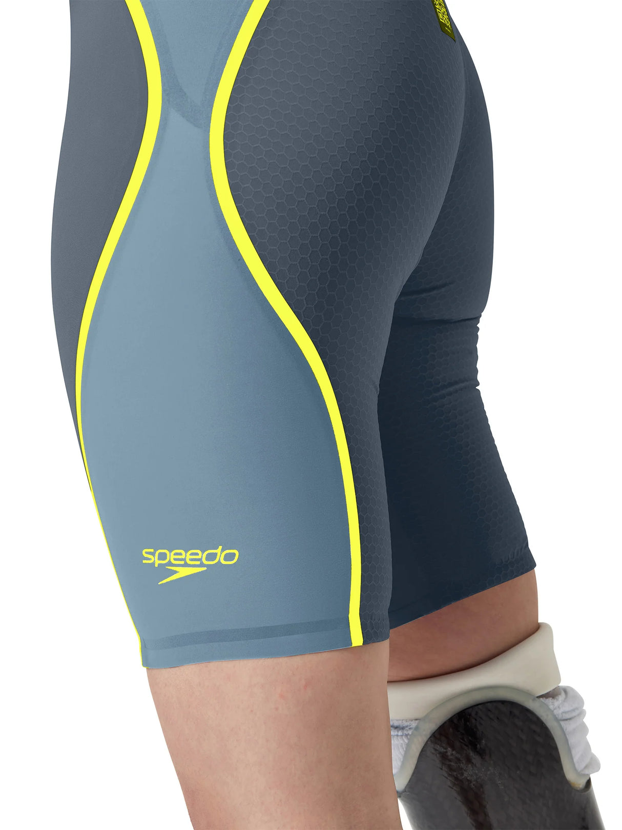 Speedo Women's Fastskin LZR Pure Intent 2.0 Openback Racing Kneeskin - Grey Lead/Acadia Blue/Hyper Yellow